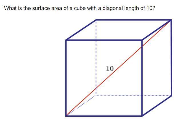 Разминка для мозга. Чему равна площадь поверхности куба с диагональю 10?
